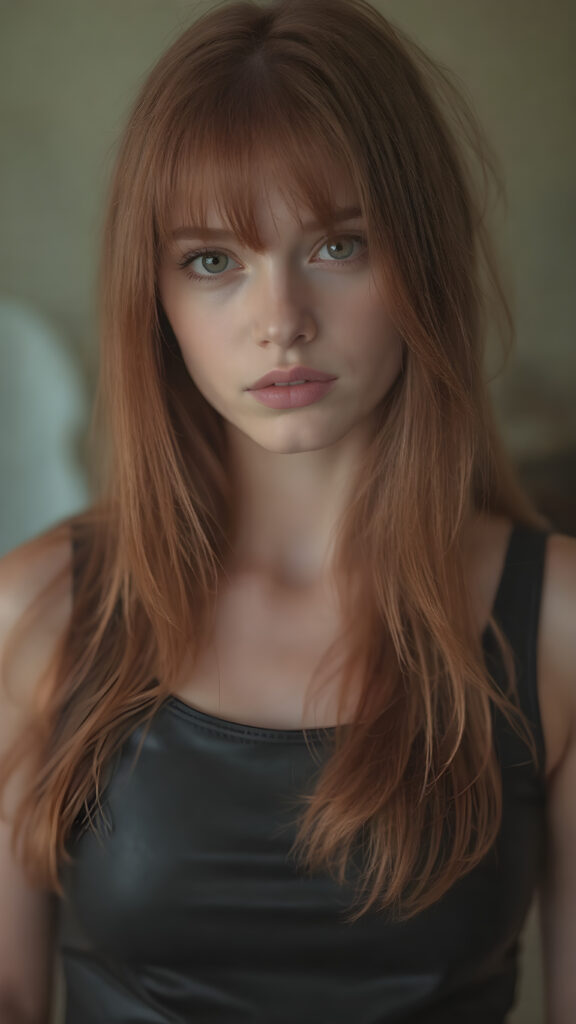 visualize a portrait: (((young teenage girl with long, soft straight red hair))), clad in flowing ((dark thin leather tank top that reflect her (stunningly gorgeous figure)))