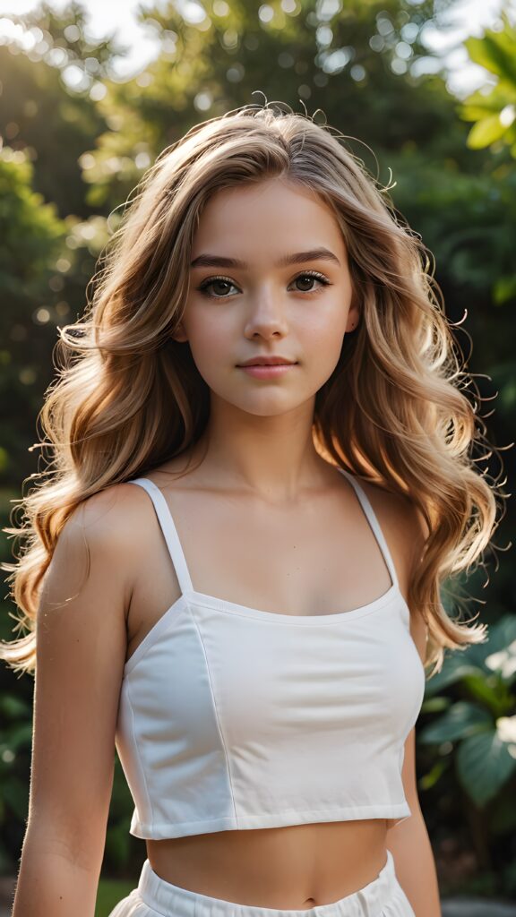 visualize a realistic (((teen girl))) with flowing ((hair)) looks like barbie, standing confidently, wears a white crop top