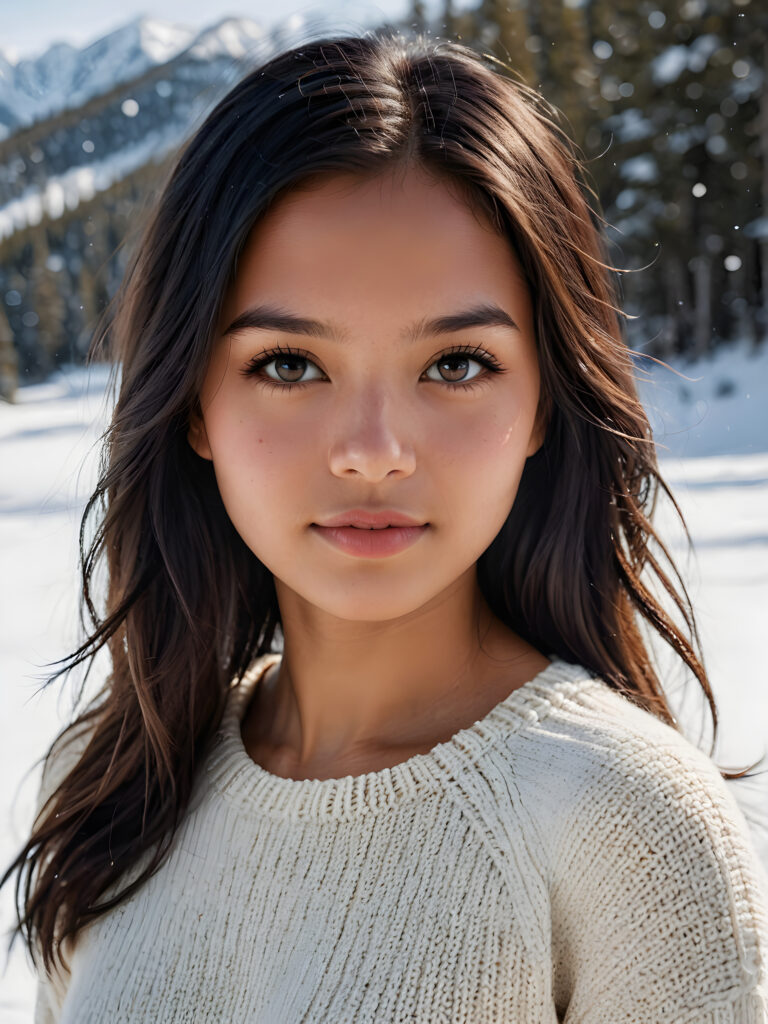 visualize a stunningly realistic photo: a young Indigenous teenage girl with flawlessly soft, glossy hair with subtle layering and vivid obsidian black straight hair framing her face. Her expression is seriously sensual with dramatically contrasting, full natural lips and a warm smile, with light brown eyes set against a broodingly atmospheric snow backdrop. Her features are captured in intense detail, with ombré shadow and highlights drawing the eye, she wears a white, finely knitted wool sweater that emphasizes her perfectly shaped body from a side view, capturing an unforgettably elegant upper body shot