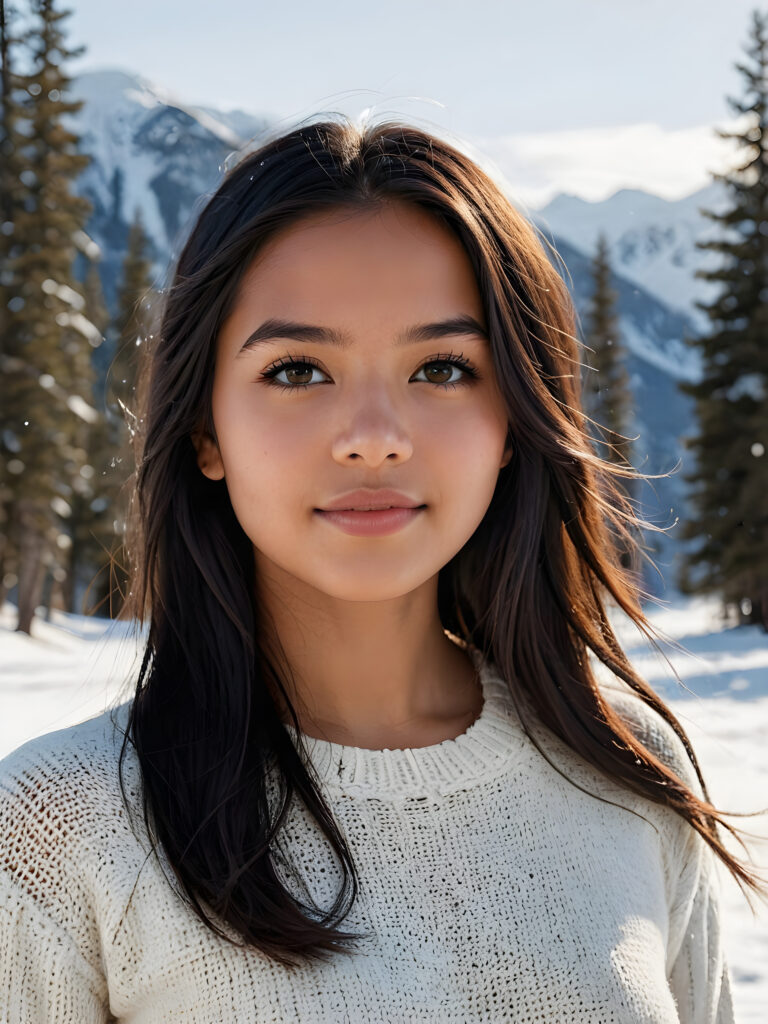 visualize a stunningly realistic photo: a young Indigenous teenage girl with flawlessly soft, glossy hair with subtle layering and vivid obsidian black straight hair framing her face. Her expression is seriously sensual with dramatically contrasting, full natural lips and a warm smile, with light brown eyes set against a broodingly atmospheric snow backdrop. Her features are captured in intense detail, with ombré shadow and highlights drawing the eye, she wears a white, finely knitted wool sweater that emphasizes her perfectly shaped body from a side view, capturing an unforgettably elegant upper body shot