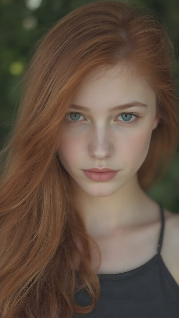 visualize an (((upper body portrait))) of a (((beautiful young girl with (long, soft, straight red hair))), which flows gracefully around her face, framing a flawless complexion. Her ((lips are full and painted in a soft (pink hue), highlighting her features)). She's dressed in a ((leather tank top)). The scene is set in a (softly detailed, natural backdrop) that emphasizes her youthful beauty.