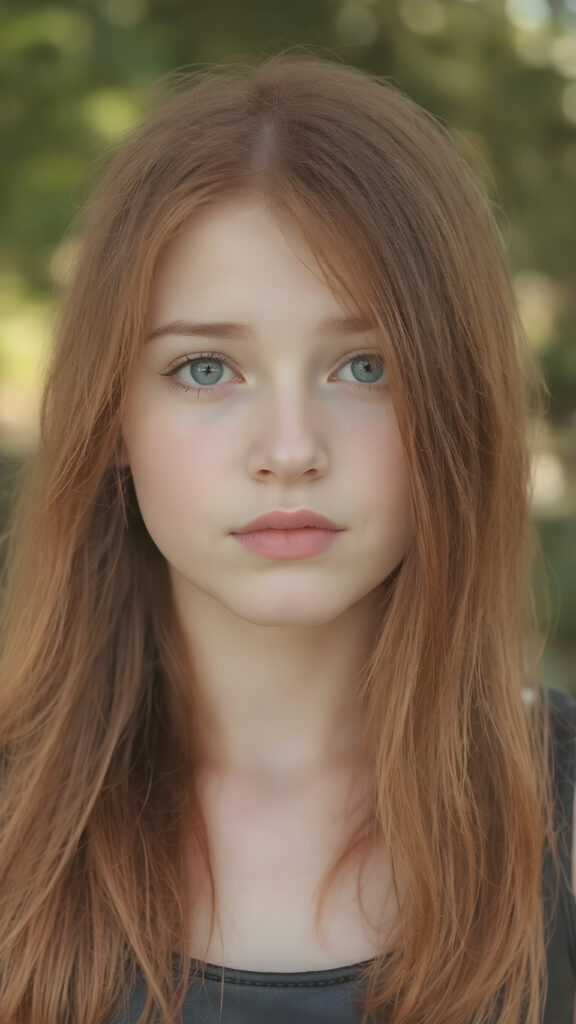 visualize an (((full body image))) of a (((beautiful young girl with (long, soft, straight red hair))), which flows gracefully around her face, framing a flawless complexion. Her ((lips are full and painted in a soft (pink hue), highlighting her features)). She's dressed in a ((leather tank top)). The scene is set in a (softly detailed, natural backdrop) that emphasizes her youthful beauty.