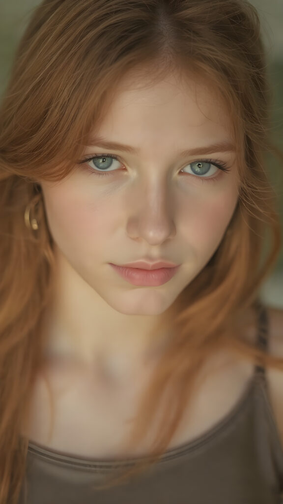 visualize an (((upper body portrait))) of a (((beautiful young girl with (long, soft, straight red hair))), which flows gracefully around her face, framing a flawless complexion. Her ((lips are full and painted in a soft (pink hue), highlighting her features)). She's dressed in a ((leather tank top)). The scene is set in a (softly detailed, natural backdrop) that emphasizes her youthful beauty.