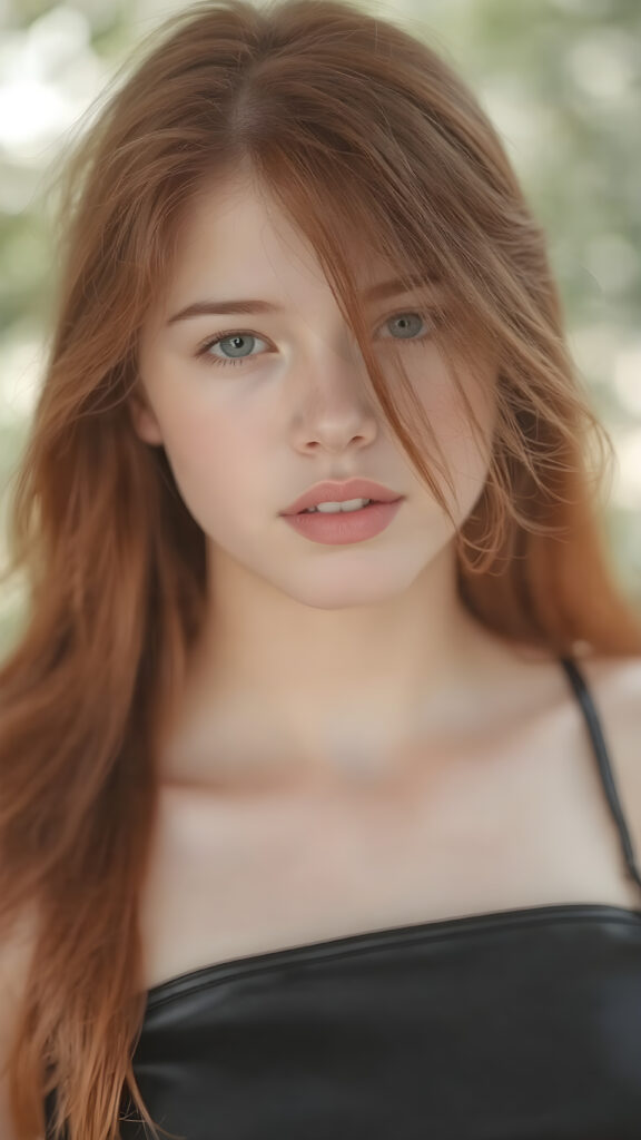 visualize an (((upper body portrait))) of a (((beautiful young girl with (long, soft, straight red hair))), which flows gracefully around her face, framing a flawless complexion. Her ((lips are full and painted in a soft (pink hue), highlighting her features)). She's dressed in a ((leather tank top)). The scene is set in a (softly detailed, natural backdrop) that emphasizes her youthful beauty.