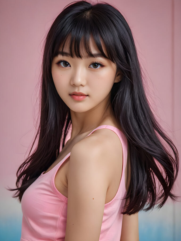 visualize an (((ultra high definition (straight soft and long black hair, Korean Styles Bangs))) of a (((Korean girl, 15 years old))) with a meticulously drawn (((face))) and a wonderfully precise (((curvature))) that exudes cuteness, dressed in a sleek, (((thin short crop pink tank top)). The image is captured with remarkable clarity and detail, evoking a sense of (((high resolution beauty))), as if painted by a skilled artist, drawing the viewer in to appreciate its striking splendor