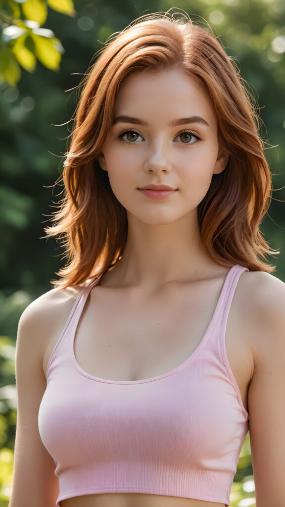 visualize an (((ultra high definition (straight soft weavy auburn hair))) of a (((girl, 15 years old))) with a meticulously drawn (((face))) and a wonderfully precise (((curvature))) that exudes cuteness, dressed in a sleek, (((thin short crop pink tank top)). The image is captured with remarkable clarity and detail, evoking a sense of (((high resolution beauty))), as if painted by a skilled artist, drawing the viewer in to appreciate its striking splendor