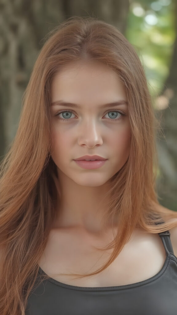 visualize an (((upper body portrait))) of a (((beautiful young girl with (long, soft, straight red hair))), which flows gracefully around her face, framing a flawless complexion. Her ((lips are full and painted in a soft (pink hue), highlighting her features)). She's dressed in a ((leather tank top)). The scene is set in a (softly detailed, natural backdrop) that emphasizes her youthful beauty.