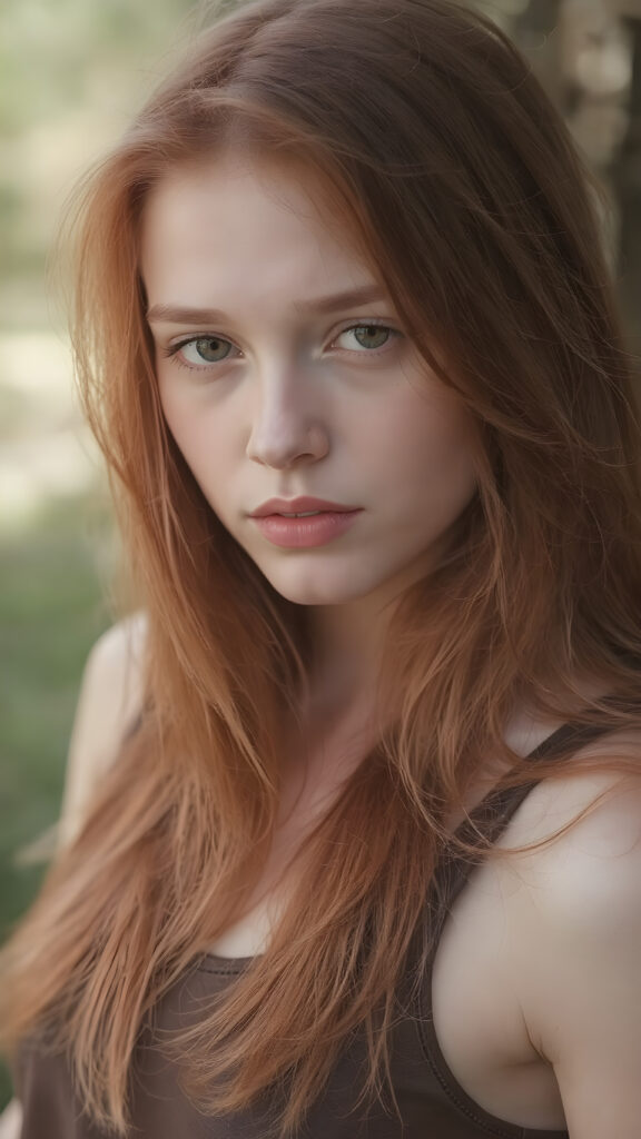 visualize an (((full body image))) of a (((beautiful young girl with (long, soft, straight red hair))), which flows gracefully around her face, framing a flawless complexion. Her ((lips are full and painted in a soft (pink hue), highlighting her features)). She's dressed in a ((leather tank top)). The scene is set in a (softly detailed, natural backdrop) that emphasizes her youthful beauty.