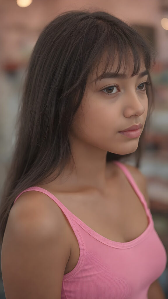 visualize an (((ultra high definition (straight soft and long black hair, bangs))) of a (((brown-skinned Exotic teen girl, 15 years old))) with a meticulously drawn (((face))) and a wonderfully precise (((curvature))) that exudes cuteness, dressed in a sleek, (((thin short crop pink tank top)). The image is captured with remarkable clarity and detail, evoking a sense of (((high resolution beauty))), as if painted by a skilled artist, drawing the viewer in to appreciate its striking splendor ((side portrait))