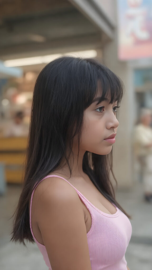 visualize an (((ultra high definition (straight soft and long black hair, bangs))) of a (((brown-skinned Exotic teen girl, 15 years old))) with a meticulously drawn (((face))) and a wonderfully precise (((curvature))) that exudes cuteness, dressed in a sleek, (((thin short crop pink tank top)). The image is captured with remarkable clarity and detail, evoking a sense of (((high resolution beauty))), as if painted by a skilled artist, drawing the viewer in to appreciate its striking splendor ((side portrait))