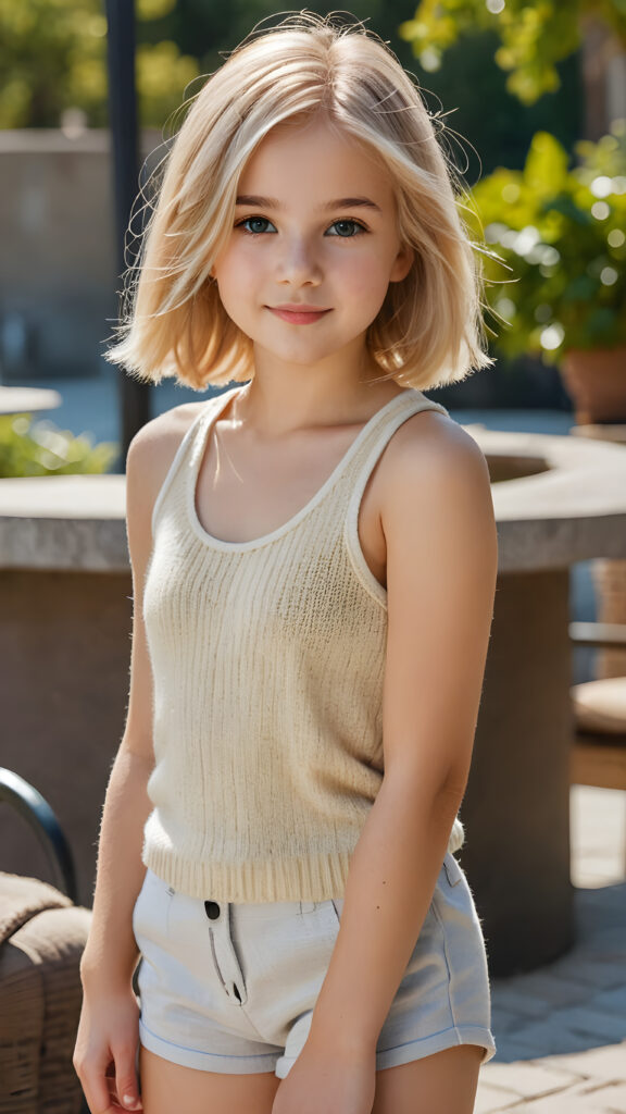 visualize an (((ultra high definition (straight soft sommer blonde hair))) of a (((cutely young girl, 13 years old))) with a meticulously drawn (((face))) and a wonderfully precise (((curvature))) that exudes cuteness, dressed in a sleek, (((thin short crop wool tank top))), paired with (((super short pants))). The image is captured with remarkable clarity and detail, evoking a sense of (((high resolution beauty))), as if painted by a skilled artist, drawing the viewer in to appreciate its striking splendor