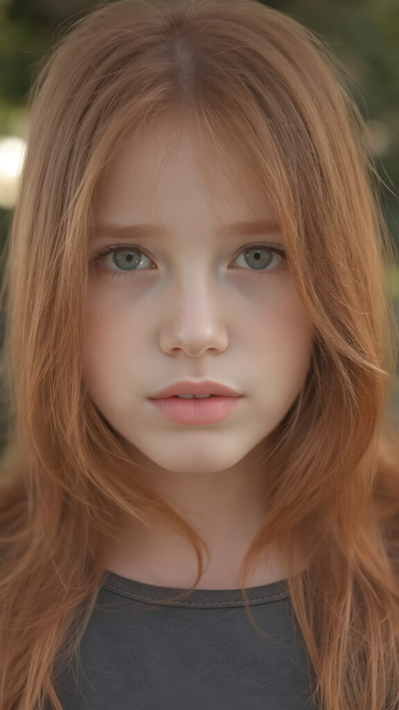 visualize an (((upper body portrait))) of a (((beautiful young girl with (long, soft, straight red hair))), which flows gracefully around her face, framing a flawless complexion. Her ((lips are full and painted in a soft (pink hue), highlighting her features)). She's dressed in a ((leather tank top)). The scene is set in a (softly detailed, natural backdrop) that emphasizes her youthful beauty.