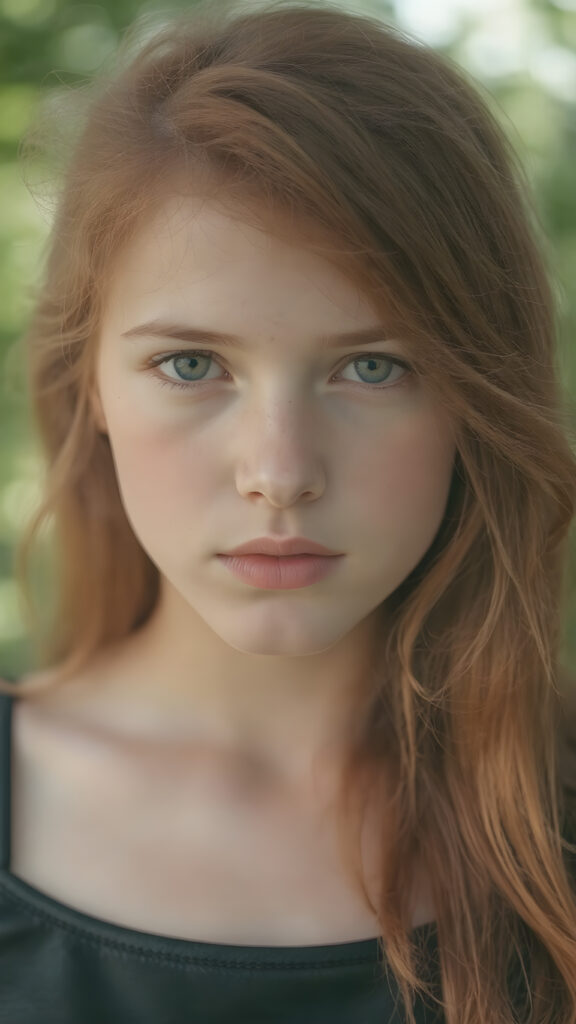 visualize an (((upper body portrait))) of a (((beautiful young girl with (long, soft, straight red hair))), which flows gracefully around her face, framing a flawless complexion. Her ((lips are full and painted in a soft (pink hue), highlighting her features)). She's dressed in a ((leather tank top)). The scene is set in a (softly detailed, natural backdrop) that emphasizes her youthful beauty.