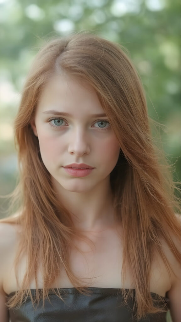 visualize an (((full body image))) of a (((beautiful young girl with (long, soft, straight red hair))), which flows gracefully around her face, framing a flawless complexion. Her ((lips are full and painted in a soft (pink hue), highlighting her features)). She's dressed in a ((leather tank top)). The scene is set in a (softly detailed, natural backdrop) that emphasizes her youthful beauty.