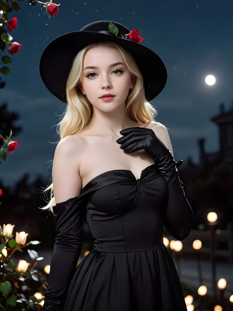 visualize an (((enchantingly beautiful teen girl))) with (((pale white skin))), dressed in a (((long, sleek black dress))), accessorizing with (((classic black gloves))), a flowing (((black hat))), and a halo of (((black rose petals))), emanating an ethereal glow under the (((softly illuminated night sky))), set against a (((distinctly dark backdrop of interwoven black roses)))