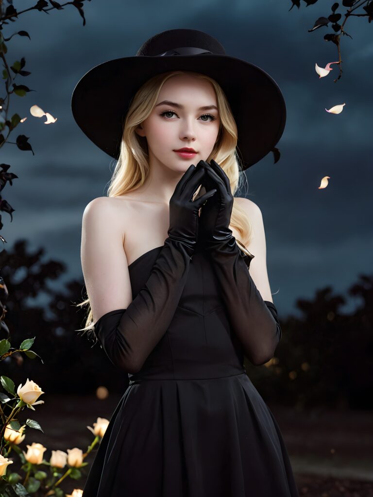 visualize an (((enchantingly beautiful teen girl))) with (((pale white skin))), dressed in a (((long, sleek black dress))), accessorizing with (((classic black gloves))), a flowing (((black hat))), and a halo of (((black rose petals))), emanating an ethereal glow under the (((softly illuminated night sky))), set against a (((distinctly dark backdrop of interwoven black roses)))