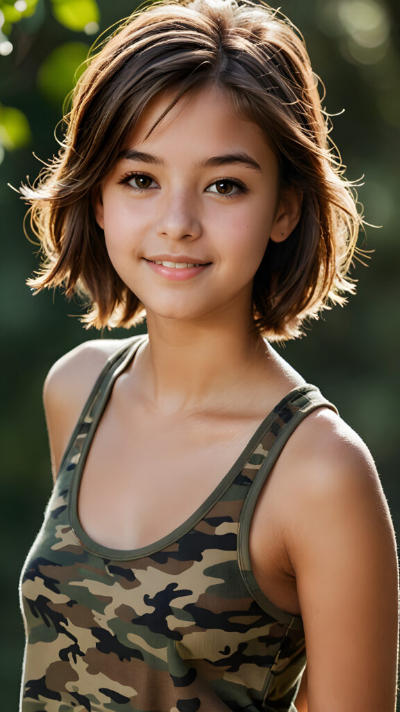 visualize an advanced and highly detailed advanced upper body portrait of a (((beautiful teenage girl, 17 years old, brown skinned))), featuring a wonderfully proportioned body that is captured in a (((super short camouflage-colored tank top))). Her hair is softly layered and cut in bangs, with long, straight strands that frame her face. Her eyes are a light amber color and her smile is warm and inviting. Sunlight hits her face in a flattering side profile, casting perfect shadows and highlights that draw attention to her toned physique. The backdrop is a dark environment, adding depth and contrast to this advanced illustration