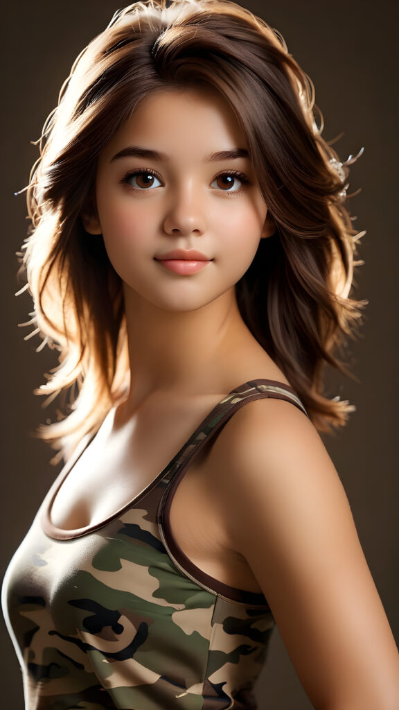 visualize an advanced and highly detailed advanced upper body portrait of a (((beautiful teenage girl, 17 years old, brown skinned))), featuring a wonderfully proportioned body that is captured in a (((super short camouflage-colored tank top))). Her hair is softly layered and cut in bangs, with long, straight strands that frame her face. Her eyes are a light amber color and her smile is warm and inviting. Sunlight hits her face in a flattering side profile, casting perfect shadows and highlights that draw attention to her toned physique. The backdrop is a dark environment, adding depth and contrast to this advanced illustration