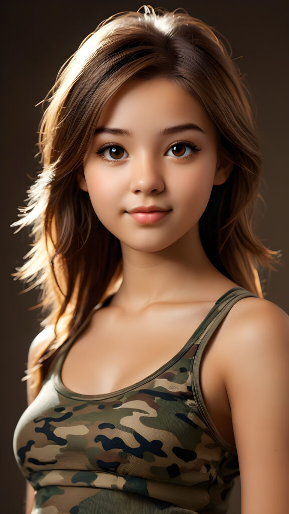 visualize an advanced and highly detailed advanced upper body portrait of a (((beautiful teenage girl, 17 years old, brown skinned))), featuring a wonderfully proportioned body that is captured in a (((super short camouflage-colored tank top))). Her hair is softly layered and cut in bangs, with long, straight strands that frame her face. Her eyes are a light amber color and her smile is warm and inviting. Sunlight hits her face in a flattering side profile, casting perfect shadows and highlights that draw attention to her toned physique. The backdrop is a dark environment, adding depth and contrast to this advanced illustration