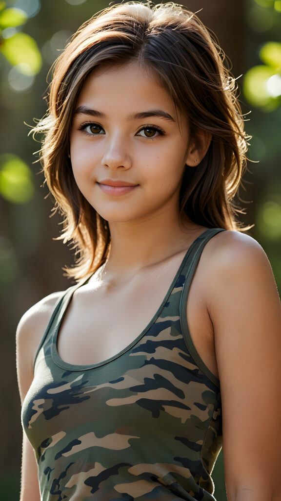 visualize an advanced and highly detailed advanced upper body portrait of a (((beautiful teenage girl, 17 years old, brown skinned))), featuring a wonderfully proportioned body that is captured in a (((super short camouflage-colored tank top))). Her hair is softly layered and cut in bangs, with long, straight strands that frame her face. Her eyes are a light amber color and her smile is warm and inviting. Sunlight hits her face in a flattering side profile, casting perfect shadows and highlights that draw attention to her toned physique. The backdrop is a dark environment, adding depth and contrast to this advanced illustration