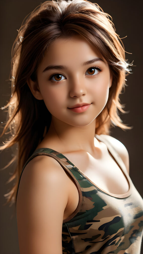 visualize an advanced and highly detailed advanced upper body portrait of a (((beautiful teenage girl, 17 years old, brown skinned))), featuring a wonderfully proportioned body that is captured in a (((super short camouflage-colored tank top))). Her hair is softly layered and cut in bangs, with long, straight strands that frame her face. Her eyes are a light amber color and her smile is warm and inviting. Sunlight hits her face in a flattering side profile, casting perfect shadows and highlights that draw attention to her toned physique. The backdrop is a dark environment, adding depth and contrast to this advanced illustration