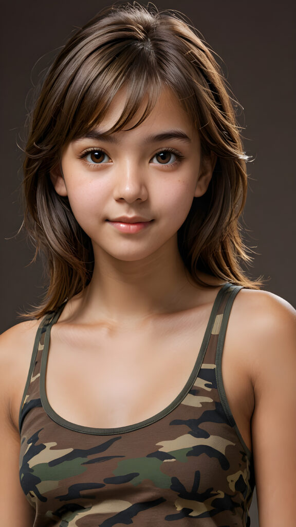 visualize an advanced and highly detailed advanced upper body portrait of a (((beautiful teenage girl, 17 years old, brown skinned))), featuring a wonderfully proportioned body that is captured in a (((super short camouflage-colored tank top))). Her hair is softly layered and cut in bangs, with long, straight strands that frame her face. Her eyes are a light amber color and her smile is warm and inviting. Sunlight hits her face in a flattering side profile, casting perfect shadows and highlights that draw attention to her toned physique. The backdrop is a dark environment, adding depth and contrast to this advanced illustration