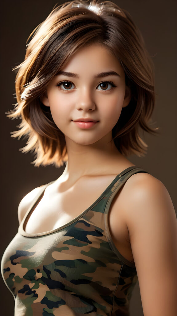 visualize an advanced and highly detailed advanced upper body portrait of a (((beautiful teenage girl, 17 years old, brown skinned))), featuring a wonderfully proportioned body that is captured in a (((super short camouflage-colored tank top))). Her hair is softly layered and cut in bangs, with long, straight strands that frame her face. Her eyes are a light amber color and her smile is warm and inviting. Sunlight hits her face in a flattering side profile, casting perfect shadows and highlights that draw attention to her toned physique. The backdrop is a dark environment, adding depth and contrast to this advanced illustration