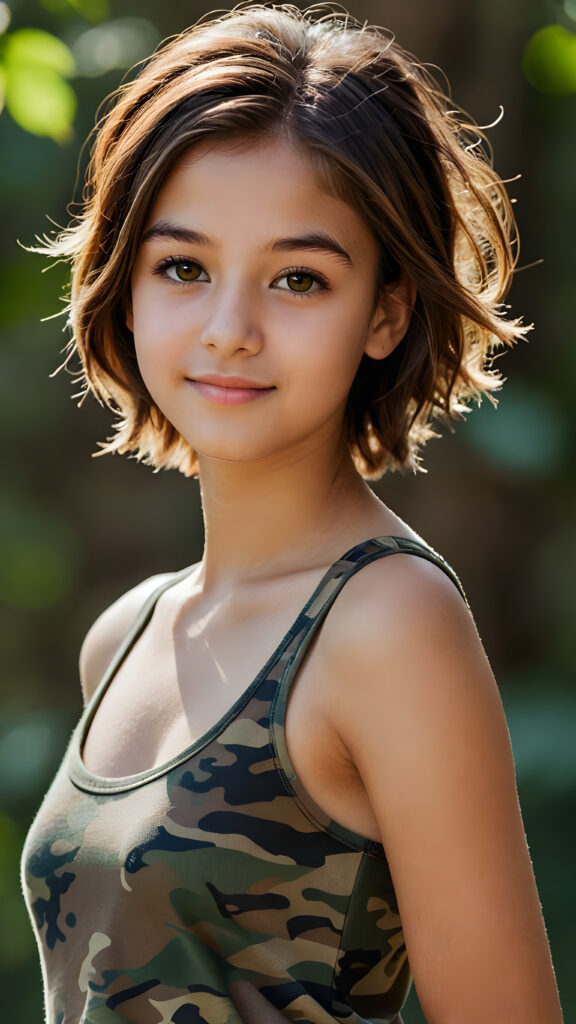 visualize an advanced and highly detailed advanced upper body portrait of a (((beautiful teenage girl, 17 years old, brown skinned))), featuring a wonderfully proportioned body that is captured in a (((super short camouflage-colored tank top))). Her hair is softly layered and cut in bangs, with long, straight strands that frame her face. Her eyes are a light amber color and her smile is warm and inviting. Sunlight hits her face in a flattering side profile, casting perfect shadows and highlights that draw attention to her toned physique. The backdrop is a dark environment, adding depth and contrast to this advanced illustration