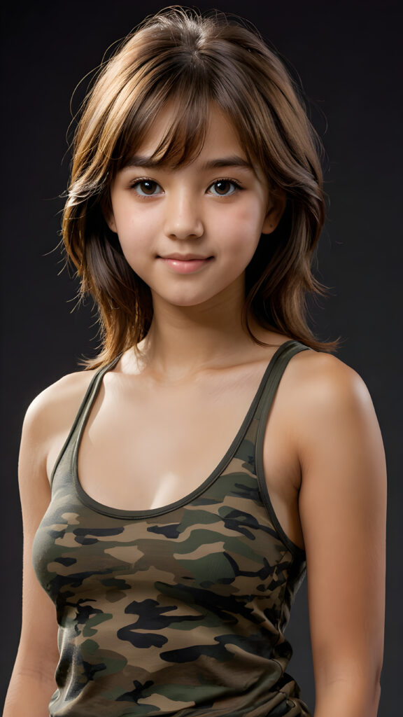 visualize an advanced and highly detailed advanced upper body portrait of a (((beautiful teenage girl, 17 years old, brown skinned))), featuring a wonderfully proportioned body that is captured in a (((super short camouflage-colored tank top))). Her hair is softly layered and cut in bangs, with long, straight strands that frame her face. Her eyes are a light amber color and her smile is warm and inviting. Sunlight hits her face in a flattering side profile, casting perfect shadows and highlights that draw attention to her toned physique. The backdrop is a dark environment, adding depth and contrast to this advanced illustration