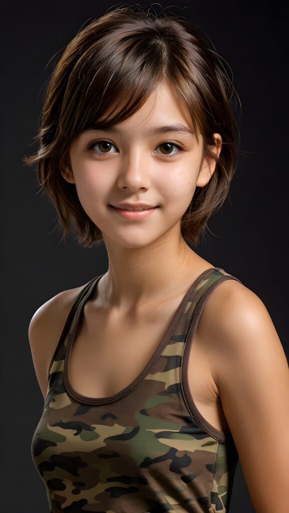 visualize an advanced and highly detailed advanced upper body portrait of a (((beautiful teenage girl, 17 years old, brown skinned))), featuring a wonderfully proportioned body that is captured in a (((super short camouflage-colored tank top))). Her hair is softly layered and cut in bangs, with long, straight strands that frame her face. Her eyes are a light amber color and her smile is warm and inviting. Sunlight hits her face in a flattering side profile, casting perfect shadows and highlights that draw attention to her toned physique. The backdrop is a dark environment, adding depth and contrast to this advanced illustration