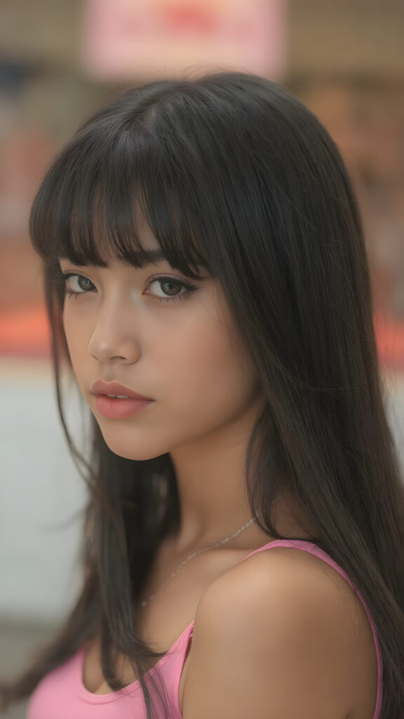 visualize an (((ultra high definition (straight soft and long black hair, bangs))) of a (((brown-skinned Exotic teen girl, 15 years old))) with a meticulously drawn (((face))) and a wonderfully precise (((curvature))) that exudes cuteness, dressed in a sleek, (((thin short crop pink tank top)). The image is captured with remarkable clarity and detail, evoking a sense of (((high resolution beauty))), as if painted by a skilled artist, drawing the viewer in to appreciate its striking splendor ((side portrait))