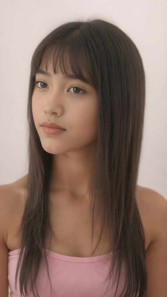 visualize an (((ultra high definition (straight soft and long black hair, bangs))) of a (((brown-skinned Exotic teen girl, 15 years old))) with a meticulously drawn (((face))) and a wonderfully precise (((curvature))) that exudes cuteness, dressed in a sleek, (((thin short crop pink tank top)). The image is captured with remarkable clarity and detail, evoking a sense of (((high resolution beauty))), as if painted by a skilled artist, drawing the viewer in to appreciate its striking splendor ((side portrait))