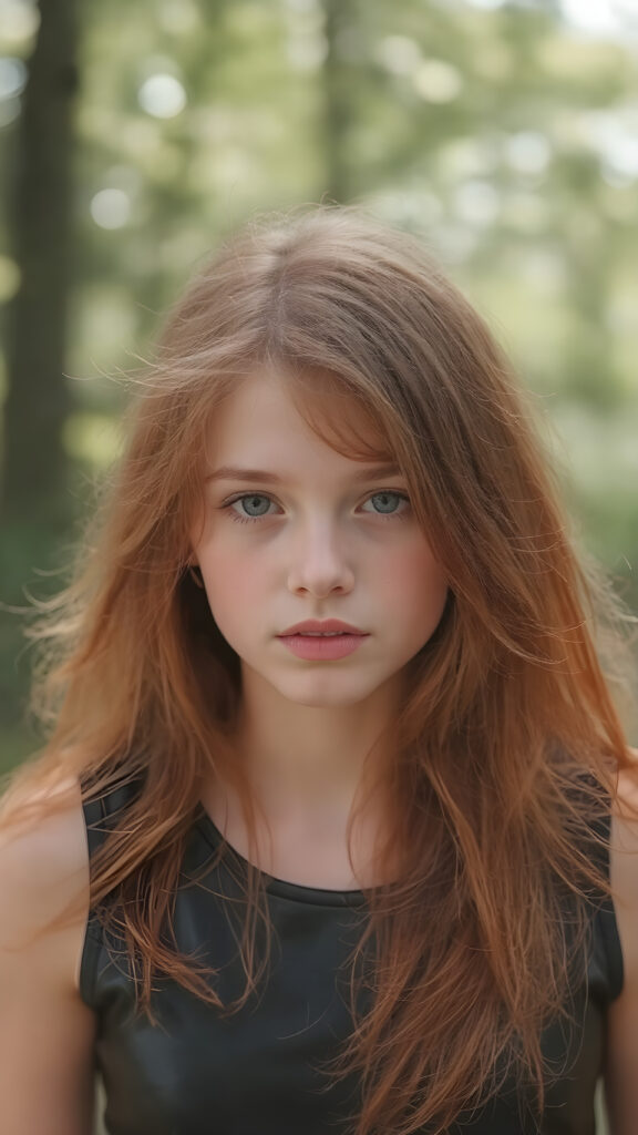 visualize an (((full body image))) of a (((beautiful young girl with (long, soft, straight red hair))), which flows gracefully around her face, framing a flawless complexion. Her ((lips are full and painted in a soft (pink hue), highlighting her features)). She's dressed in a ((leather tank top)). The scene is set in a (softly detailed, natural backdrop) that emphasizes her youthful beauty.