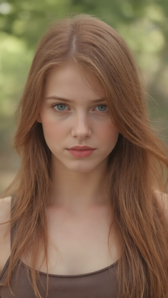 visualize an (((full body image))) of a (((beautiful young girl with (long, soft, straight red hair))), which flows gracefully around her face, framing a flawless complexion. Her ((lips are full and painted in a soft (pink hue), highlighting her features)). She's dressed in a ((leather tank top)). The scene is set in a (softly detailed, natural backdrop) that emphasizes her youthful beauty.