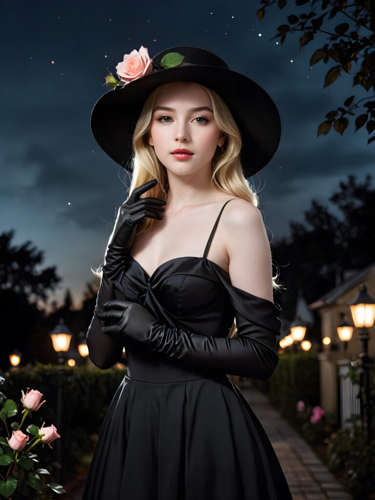 visualize an (((enchantingly beautiful teen girl))) with (((pale white skin))), dressed in a (((long, sleek black dress))), accessorizing with (((classic black gloves))), a flowing (((black hat))), and a halo of (((black rose petals))), emanating an ethereal glow under the (((softly illuminated night sky))), set against a (((distinctly dark backdrop of interwoven black roses)))