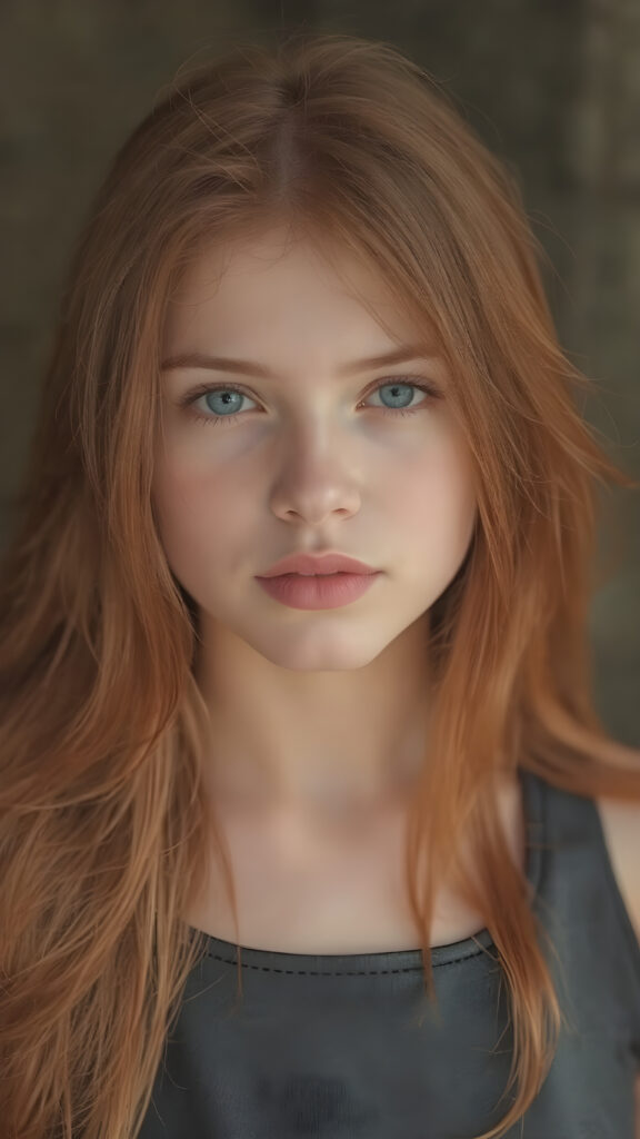 visualize an (((full body image))) of a (((beautiful young girl with (long, soft, straight red hair))), which flows gracefully around her face, framing a flawless complexion. Her ((lips are full and painted in a soft (pink hue), highlighting her features)). She's dressed in a ((leather tank top)). The scene is set in a (softly detailed, natural backdrop) that emphasizes her youthful beauty.