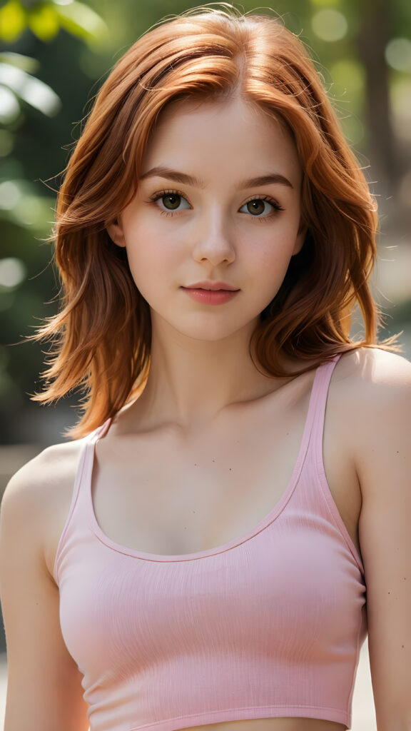 visualize an (((ultra high definition (straight soft weavy auburn hair))) of a (((girl, 15 years old))) with a meticulously drawn (((face))) and a wonderfully precise (((curvature))) that exudes cuteness, dressed in a sleek, (((thin short crop pink tank top)). The image is captured with remarkable clarity and detail, evoking a sense of (((high resolution beauty))), as if painted by a skilled artist, drawing the viewer in to appreciate its striking splendor