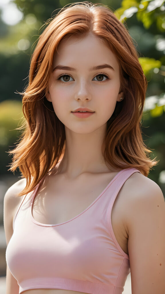 visualize an (((ultra high definition (straight soft weavy auburn hair))) of a (((girl, 15 years old))) with a meticulously drawn (((face))) and a wonderfully precise (((curvature))) that exudes cuteness, dressed in a sleek, (((thin short crop pink tank top)). The image is captured with remarkable clarity and detail, evoking a sense of (((high resolution beauty))), as if painted by a skilled artist, drawing the viewer in to appreciate its striking splendor