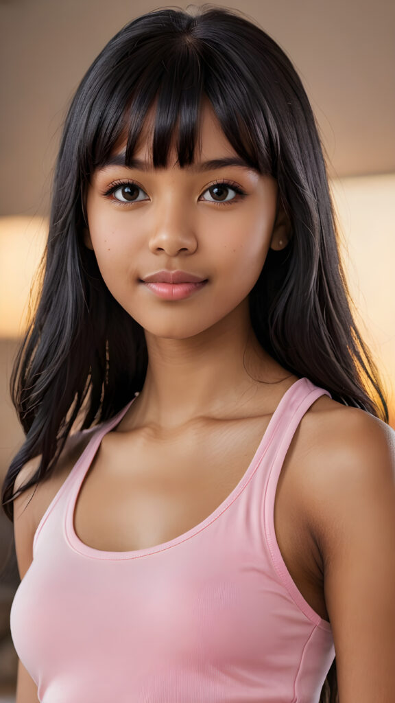 visualize an (((ultra high definition (straight soft and long black hair, bangs))) of a (((brown-skinned Exotic teen girl, 15 years old))) with a meticulously drawn (((face))) and a wonderfully precise (((curvature))) that exudes cuteness, dressed in a sleek, (((thin short crop pink tank top)). The image is captured with remarkable clarity and detail, evoking a sense of (((high resolution beauty))), as if painted by a skilled artist, drawing the viewer in to appreciate its striking splendor ((side portrait))