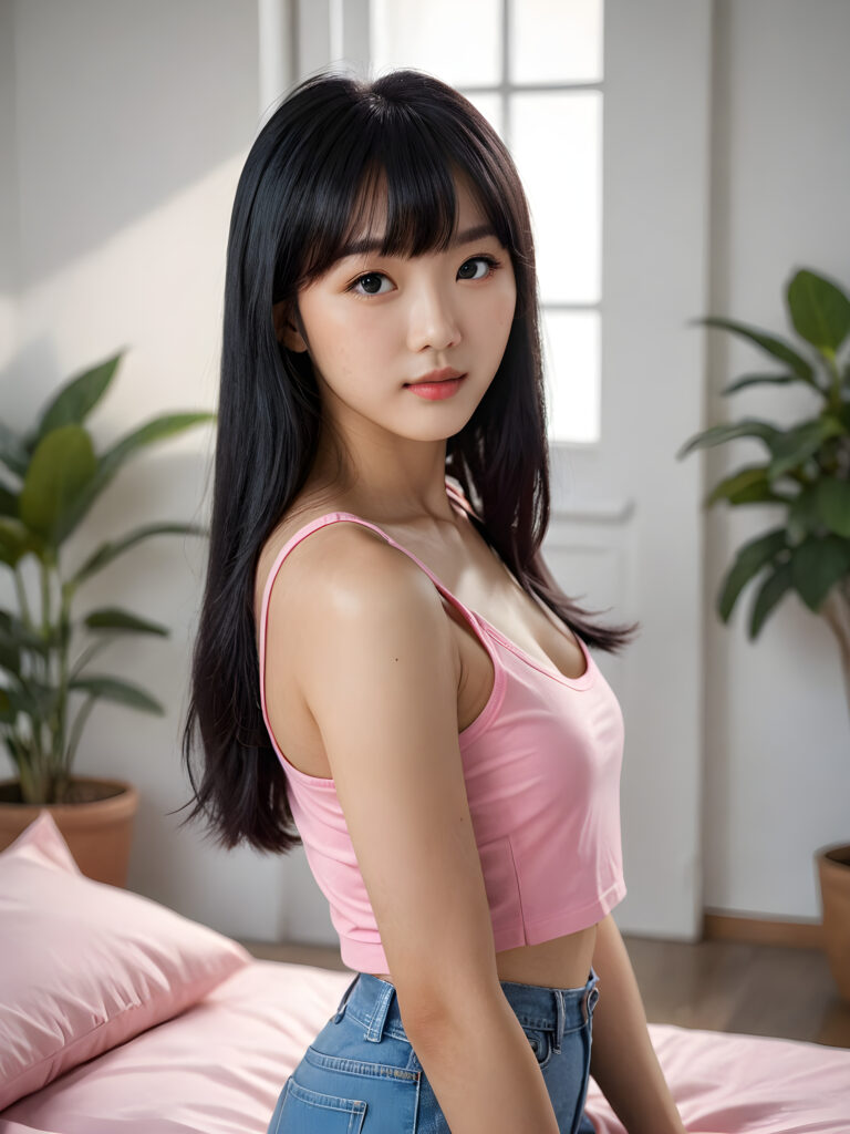 visualize an (((ultra high definition (straight soft and long black hair, Korean Styles Bangs))) of a (((Korean girl, 15 years old))) with a meticulously drawn (((face))) and a wonderfully precise (((curvature))) that exudes cuteness, dressed in a sleek, (((thin short crop pink tank top)). The image is captured with remarkable clarity and detail, evoking a sense of (((high resolution beauty))), as if painted by a skilled artist, drawing the viewer in to appreciate its striking splendor