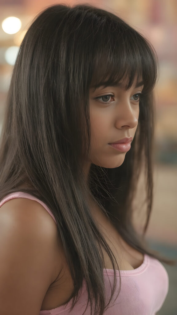 visualize an (((ultra high definition (straight soft and long black hair, bangs))) of a (((brown-skinned Exotic teen girl, 15 years old))) with a meticulously drawn (((face))) and a wonderfully precise (((curvature))) that exudes cuteness, dressed in a sleek, (((thin short crop pink tank top)). The image is captured with remarkable clarity and detail, evoking a sense of (((high resolution beauty))), as if painted by a skilled artist, drawing the viewer in to appreciate its striking splendor ((side portrait))