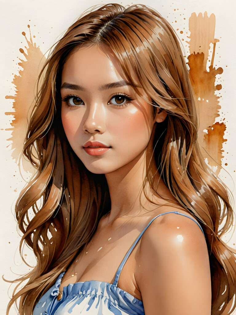 a ((portrait)) of (((cute))) (((elegant))) ((attractive)) (((long, straight hazelnut hair))) ((stunning)) a beautifully busty tanned Japanese teen girl