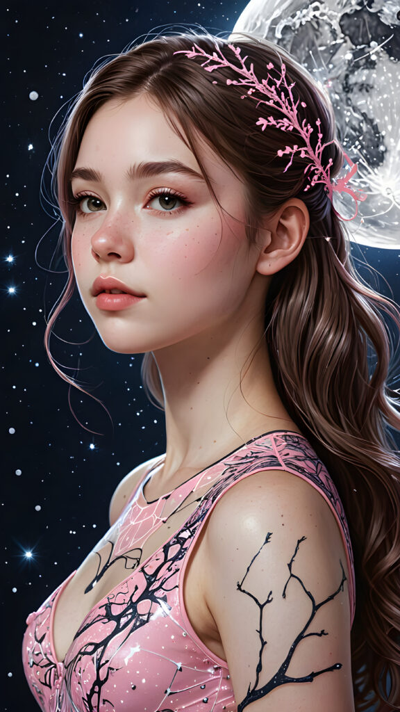 visualize an (((teen girl))), intricate details of pink veins that (((shimmer like celestial constellations))) against a (((moonlit sky))).