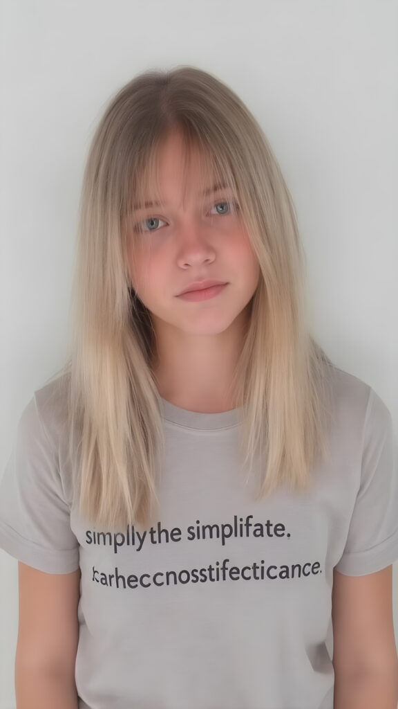 young adult girl, straight blond hair, she wears a t-shirt "simplicity is the ultimate sophistication"