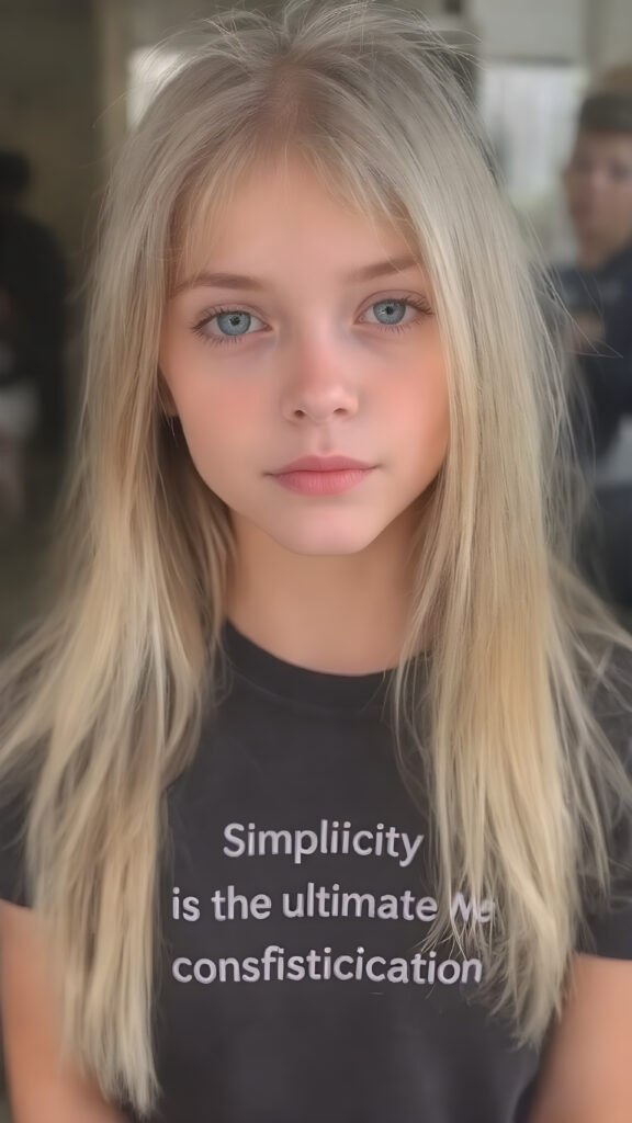 young adult girl, straight blond hair, she wears a t-shirt "simplicity is the ultimate sophistication"