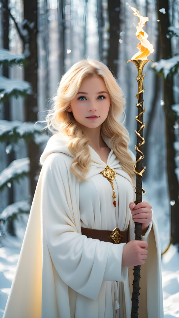 young and cute, enchanted teen girl with blonde hair, wears a magic white cloak, in a snow forest, full body shot, she holds a scepter in her hand