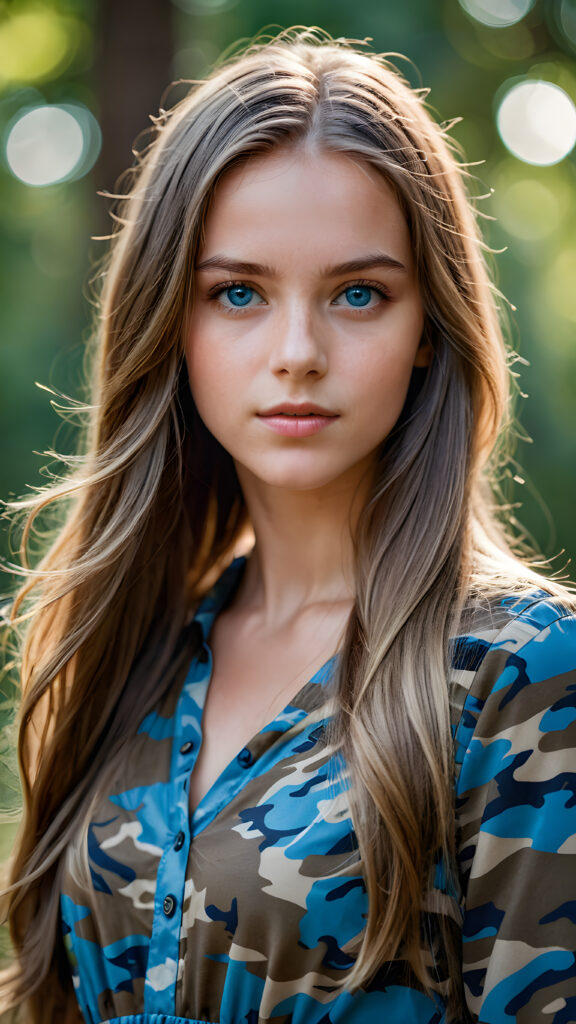 young girl, camouflage dress, straight flowing hair, blue eyes, ((perfect detailed photo))