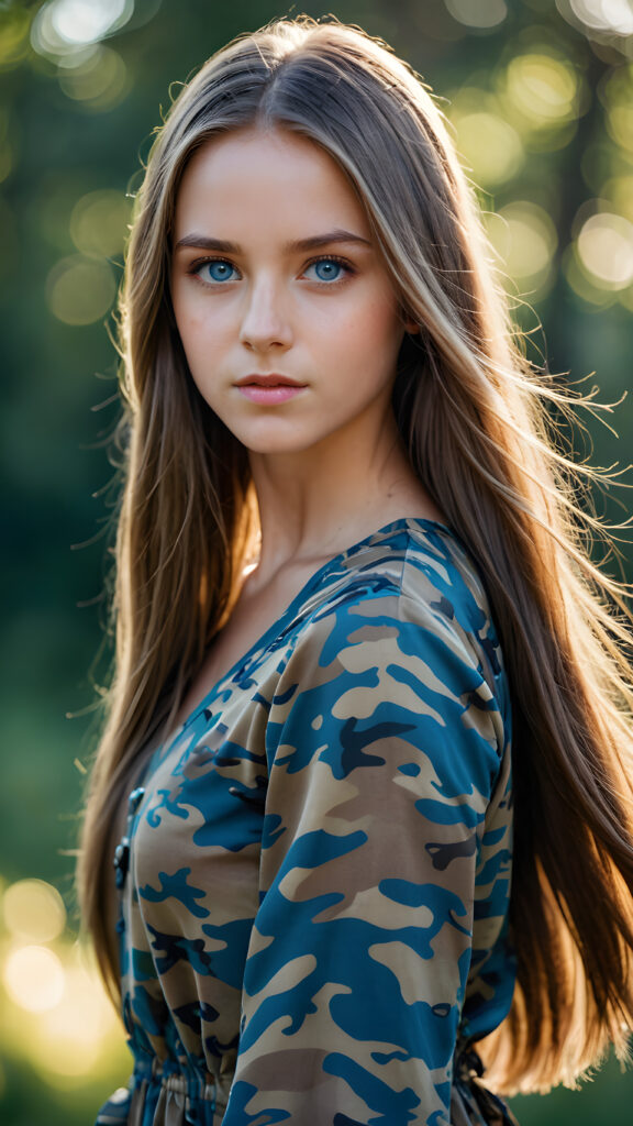 young girl, camouflage dress, straight flowing hair, blue eyes, ((perfect detailed photo))