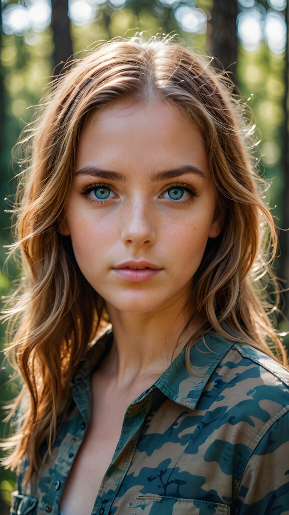 young girl, in a plain camouflage shirt, blue eyes, straight amber hair, ((perfect detailed photo))