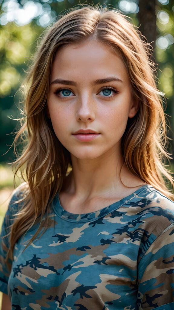 young girl, in a plain camouflage shirt, blue eyes, straight amber hair, ((perfect detailed photo))